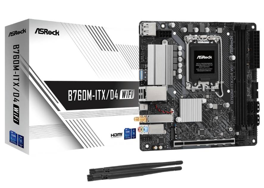  B760 mini-ITX Motherboard: 1700 Socket For Intel 13th/12th Gen. Processors <br>2x DDR4, 4x SATA 6Gb/s, PCIe 4.0, 1x M.2 Gen4, USB 3.2, Gigabit LAN, Wi-Fi 6E + Bluetooth, Realtek ALC897 Audio, HDMI/DP  